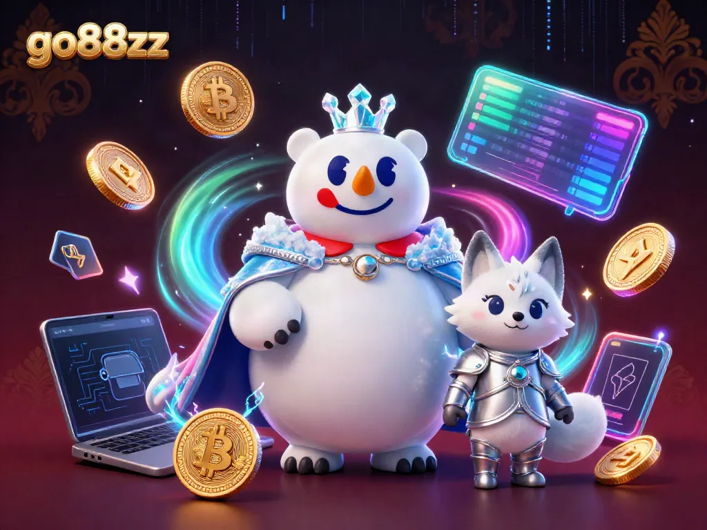Engage in crypto gaming with go88xz, featuring polar bear and snow fox amidst dazzling casino elements.