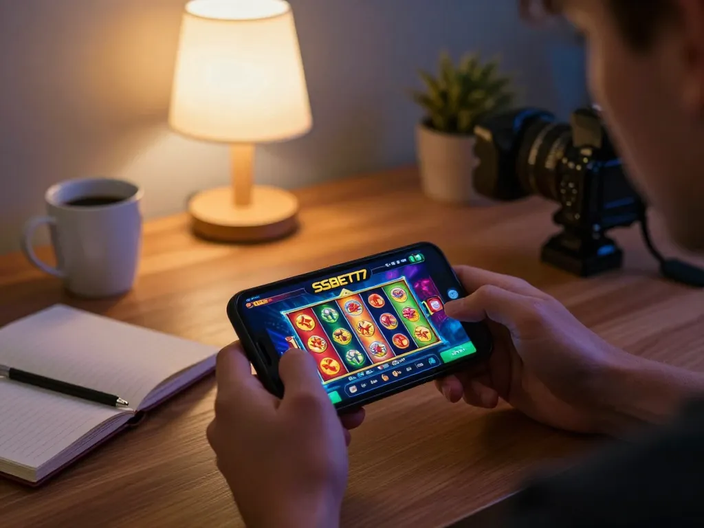 Experience exciting gameplay on the SSBET77 mobile app with engaging slot games in a cozy home setting.