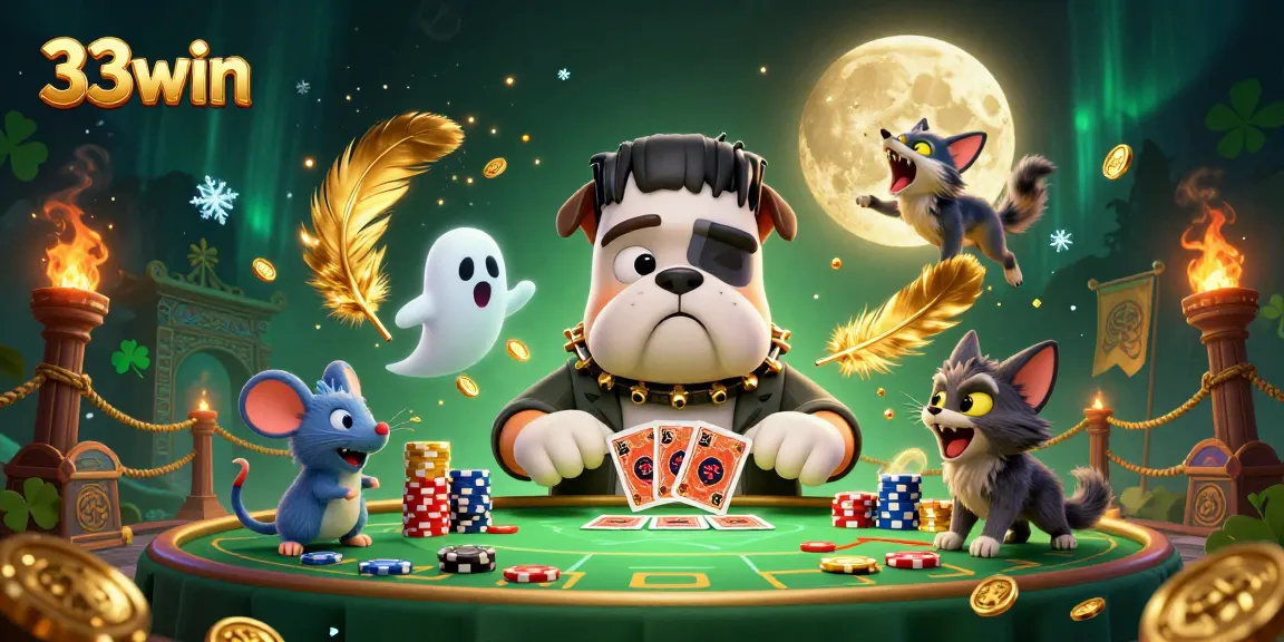 33win characters at a lively casino table with a bulldog dealer, adding excitement to gaming.