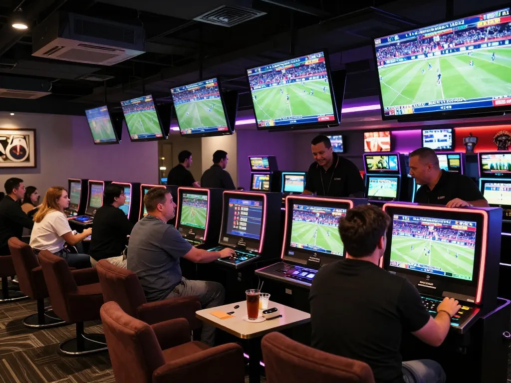 Exciting betting atmosphere at sin88 sports lounge with active players and screens showing live events.
