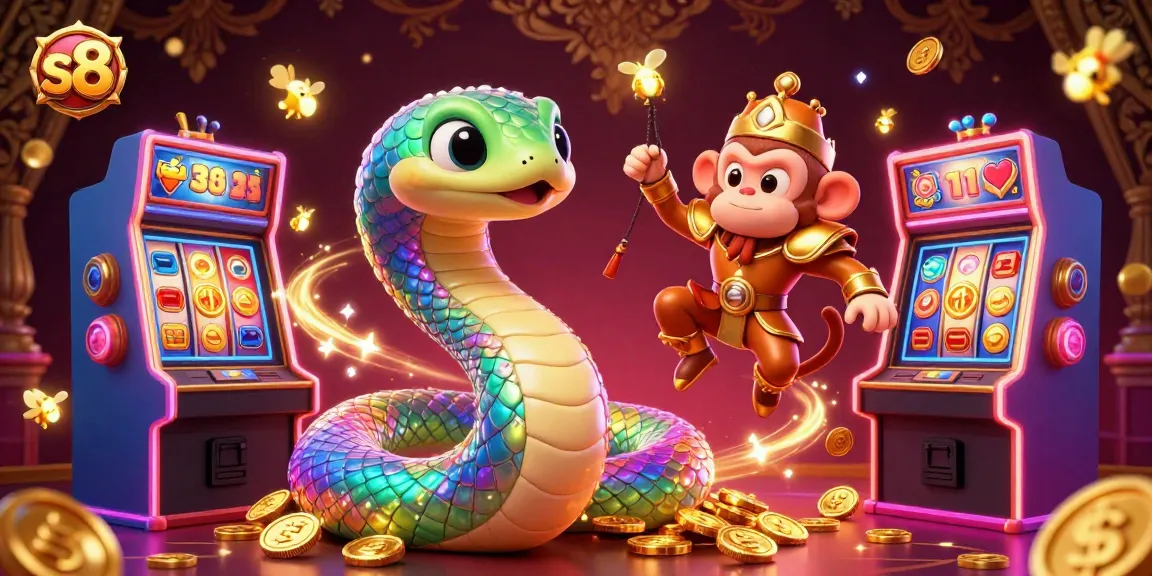 S8 players enjoy vibrant slot games featuring the rainbow serpent and monkey king in this colorful casino scene.