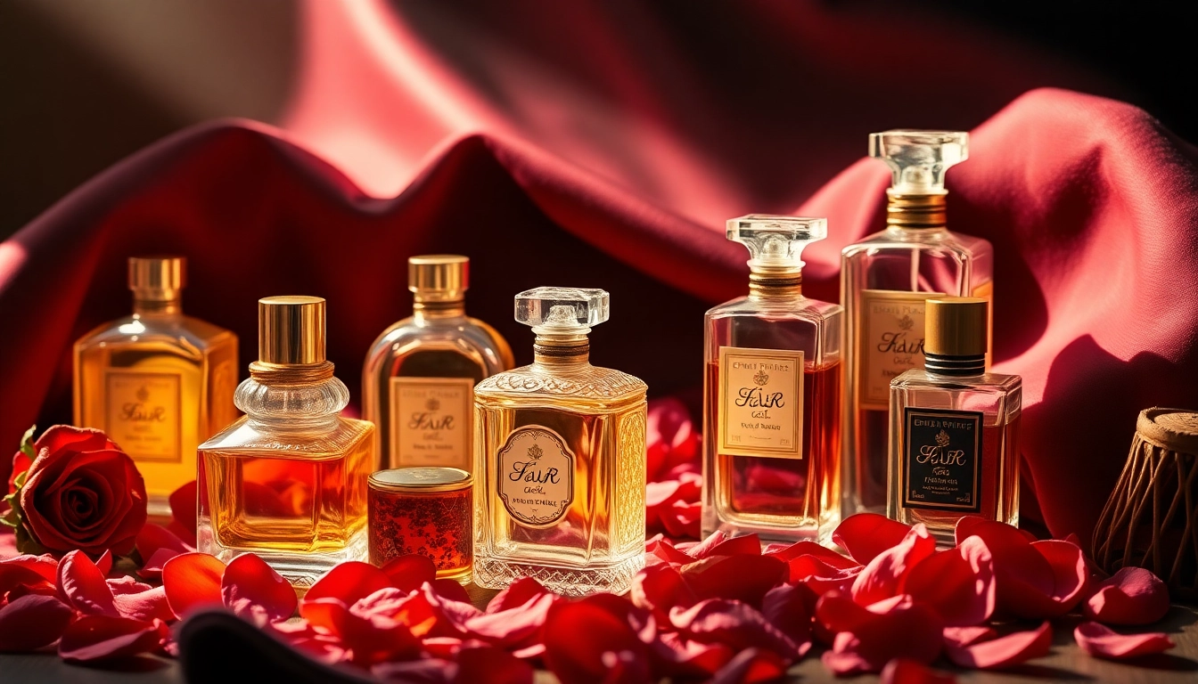 Präsentation von ARABISCHES PARFÜM mit eleganten Flakons und aromatischen Zutaten im Hintergrund.