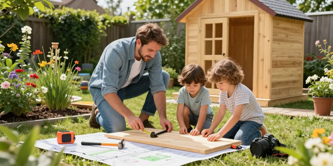 Familie beim Zusammenbauen von Gartenhäusern im sonnigen Garten, Werkzeuge verstreut.