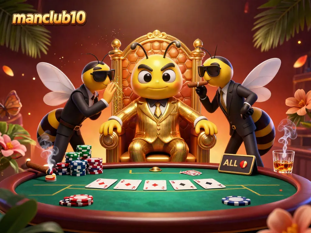 Experience the excitement of manclub10 with a bumblebee mob boss at a vibrant poker table, surrounded by animated casino elements.