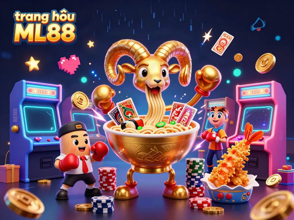 Experience excitement at trang chủ ML88 with a vibrant 3D casino illustration featuring unique characters and gaming elements.