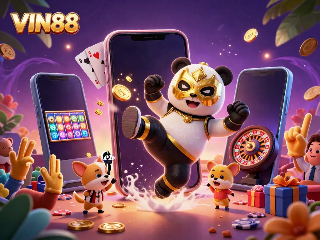 Experience thrilling gaming action at VIN88 with dynamic characters and casino elements surrounding an exciting scene.