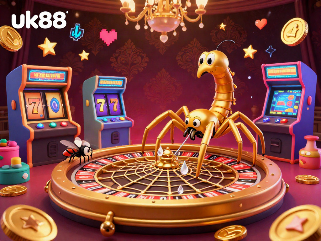 Immerse in the thrilling world of uk88 with a 3D golden spider and vibrant arcade games intertwined in a casino scene.