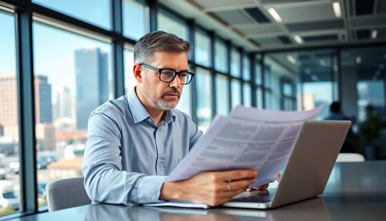 Kfz Gutachten Düsseldorf: Man analyzing documents at a modern office for expert vehicle assessment.