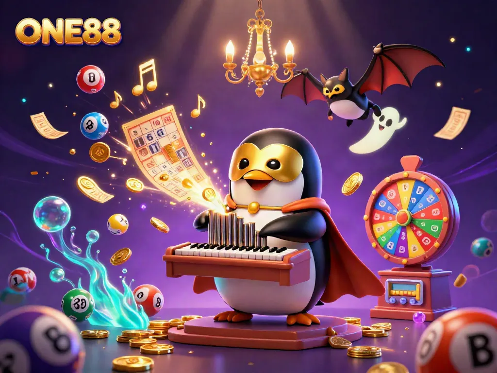 ONE88 highlights a thrilling scene with a cartoon penguin playing a golden pipe organ, surrounded by casino elements like lottery balls and golden tickets.