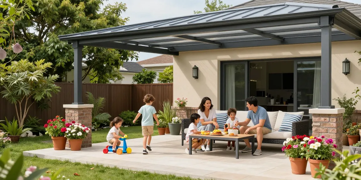 Eine Familie genießt Terrassenüberdachungen in einem einladenden Garten mit modernen Möbeln.