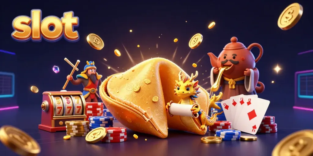 Spin the reels of slot machines surrounded by golden coins and dragon guardians.