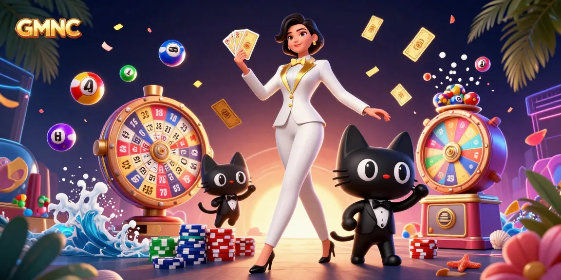 GMNC unveils thrilling gambling with a glamorous tuxedo-clad dealer and vibrant lottery elements.
