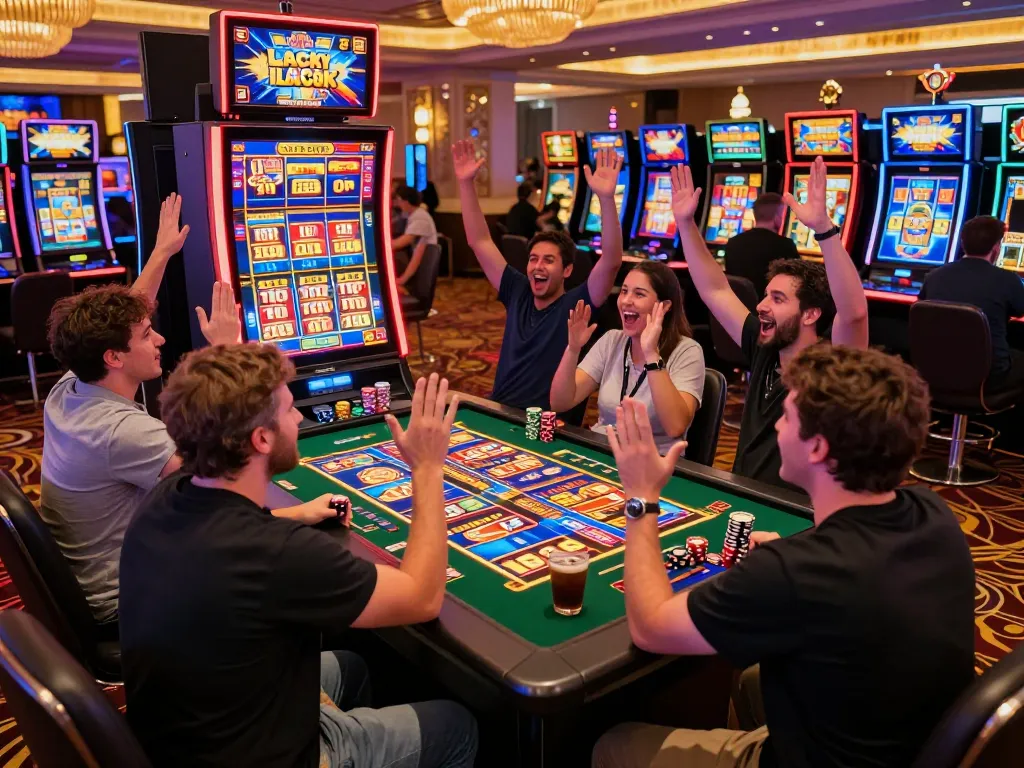 Joyous players celebrating a big win on the Lucky 88 slot machine in a vibrant casino.
