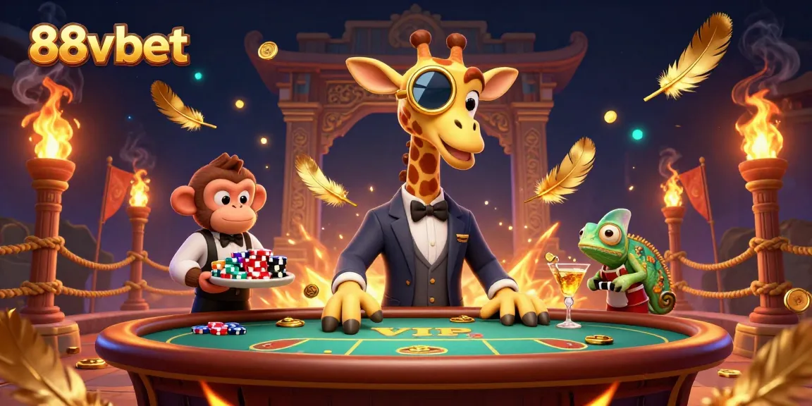 Experience the excitement with 88vbet's dynamic casino scene featuring a high-roller giraffe, VIP poker elements, and vibrant action.