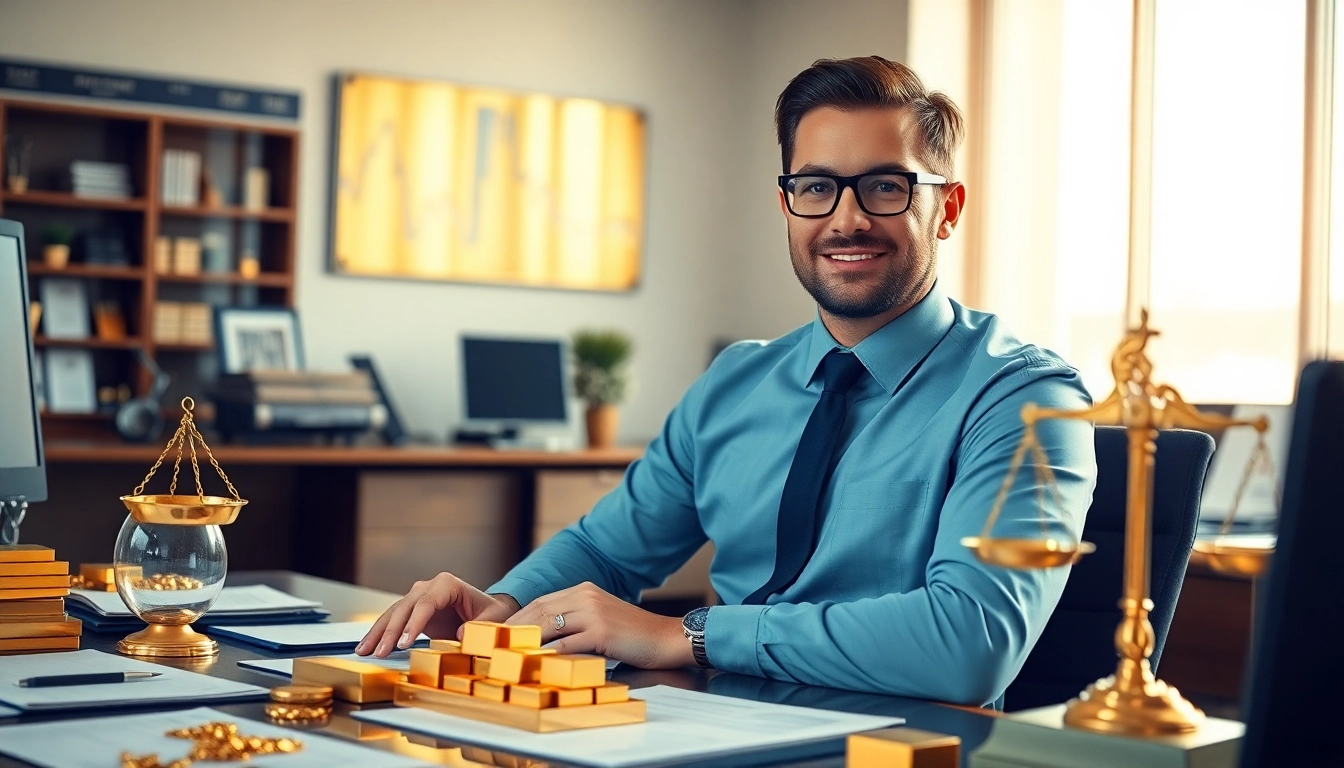 Gold verkaufen in einem modernen Büro mit glänzenden Goldobjekten.