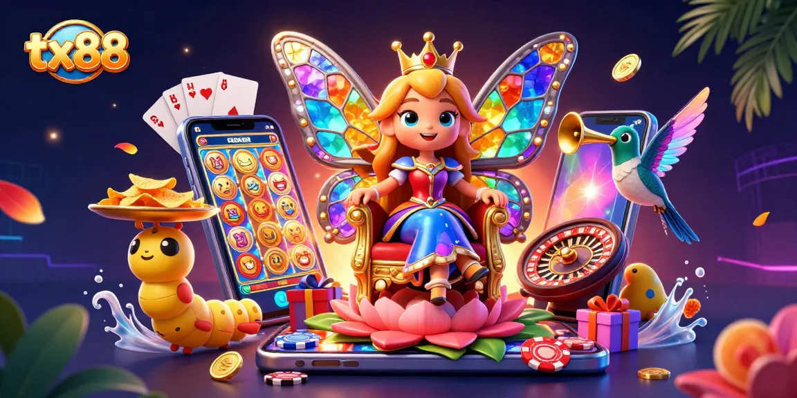Spin into the vibrant world of tx88 casino with an enchanting butterfly queen and dynamic game elements.