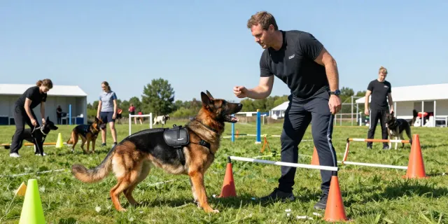 Professional dog trainer using ROKOK88 gear during an engaging K9 training session in a lively outdoor setting, showcasing effective techniques.