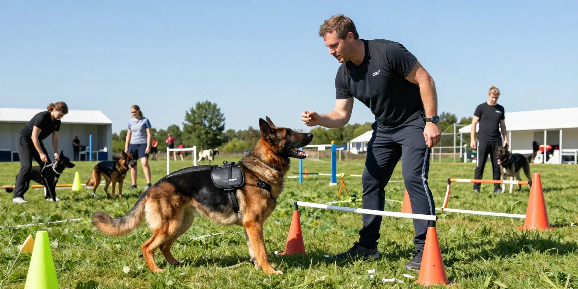 Professional dog trainer using ROKOK88 gear during an engaging K9 training session in a lively outdoor setting, showcasing effective techniques.