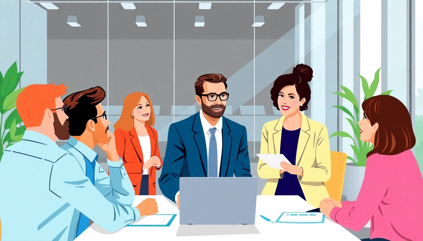 Unternehmensberatung: Business consultant collaborating with diverse clients in a modern office.