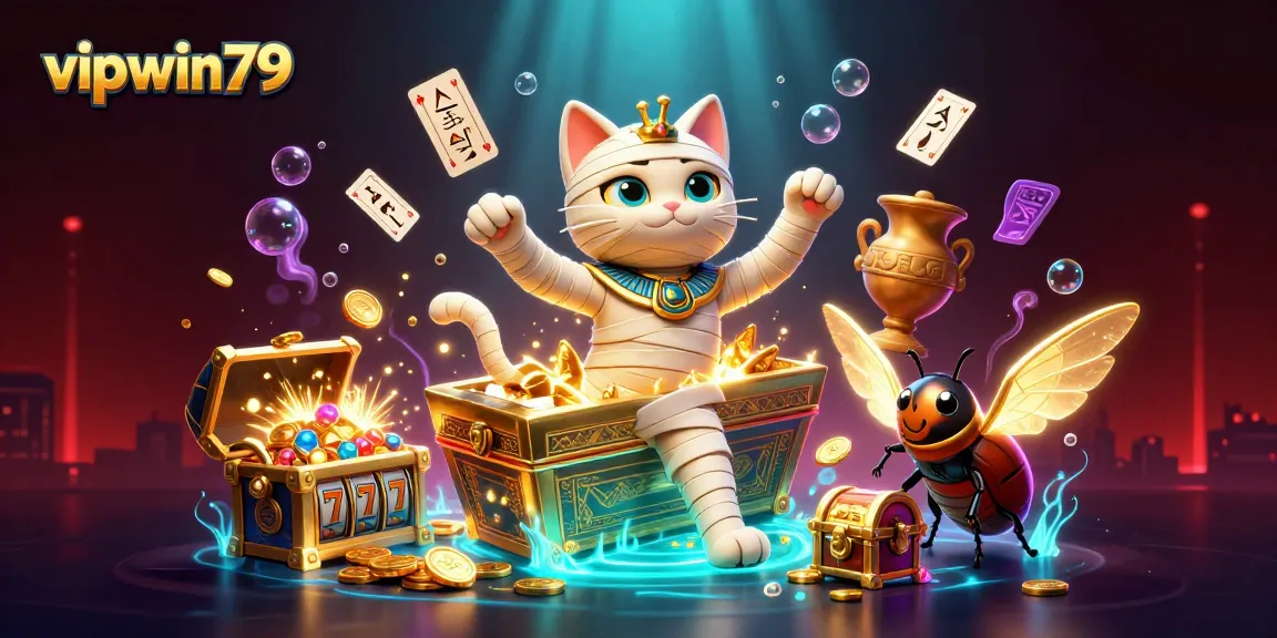 Join the excitement of vipwin79 with a 3D mummy cat unleashing a treasure trove in a pyramid casino scene.