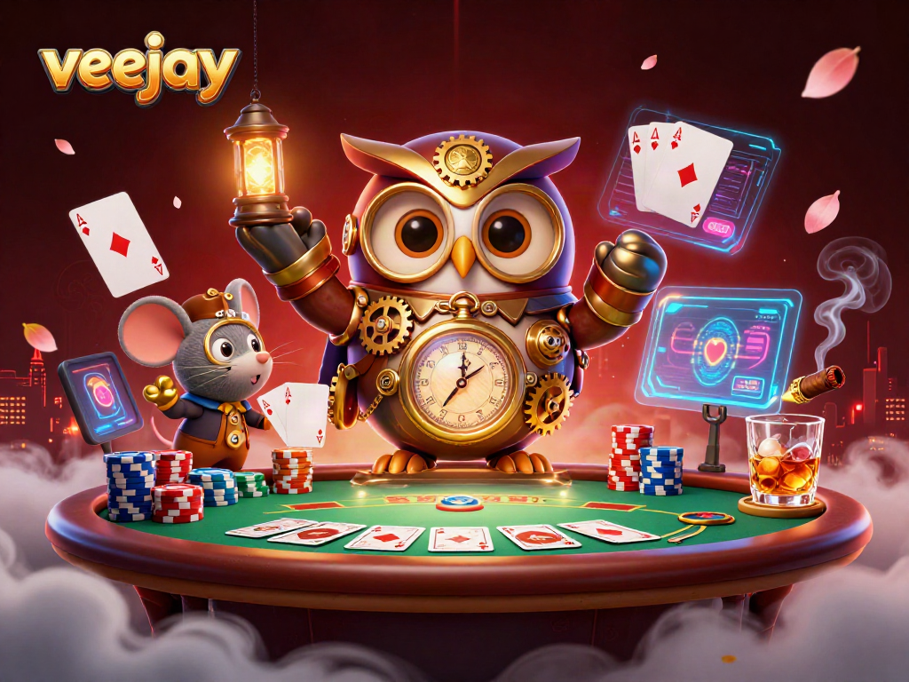 Spielen Sie mit Veejay Karten und Pokerchips in einem lebendigen Casino-Setting.