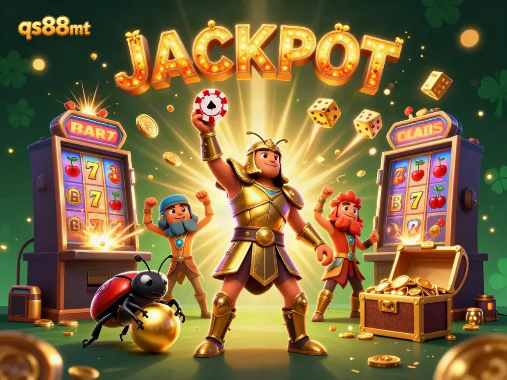 Experience the excitement of qs88mt with a hercules beetle celebrating a jackpot victory in a lively casino setting.