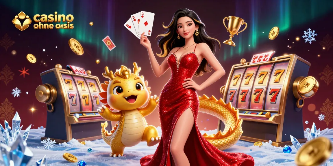 Experience the excitement in a casino ohne oasis with stunning Asian woman and vibrant slot elements.
