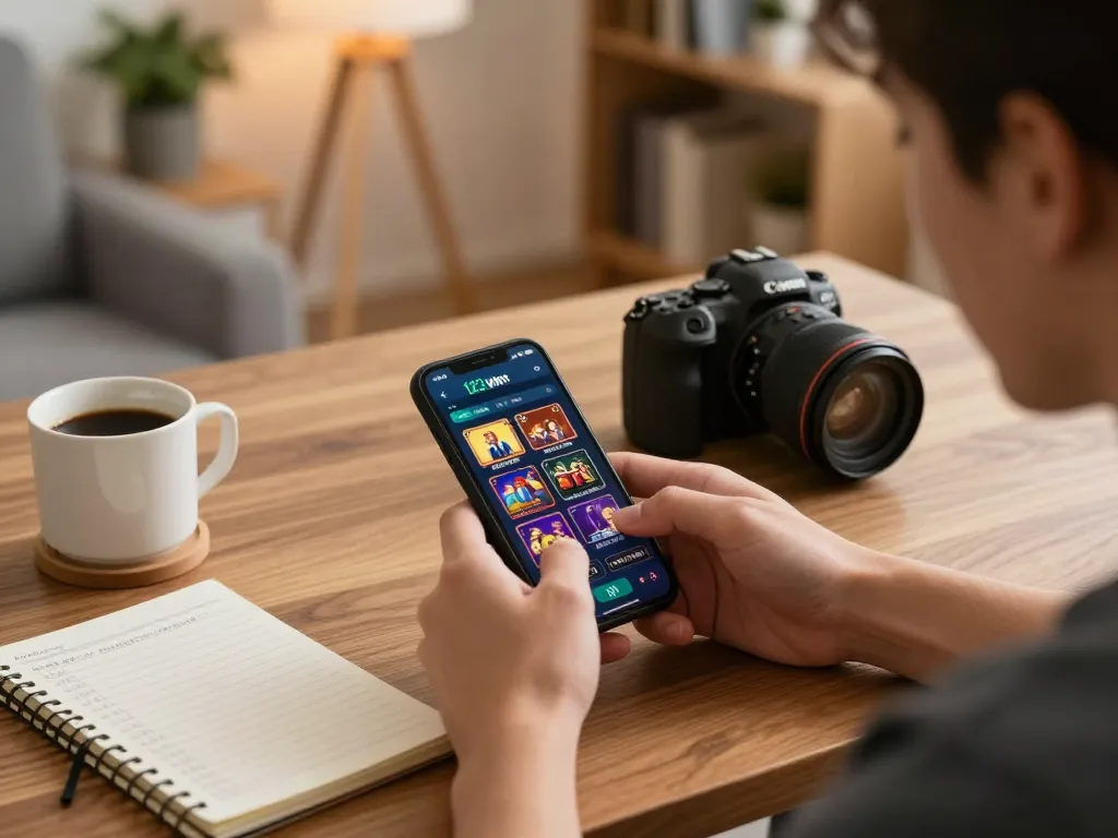 Engaging user exploring 123win net app on smartphone in a warm, cozy home setting