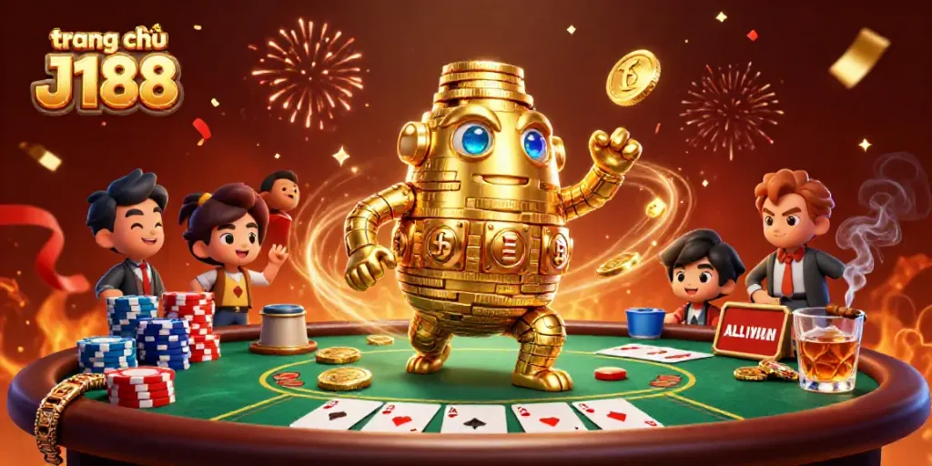 Engage with the dynamic world of trang chủ J188 featuring an ancient golden golem and vibrant poker elements.