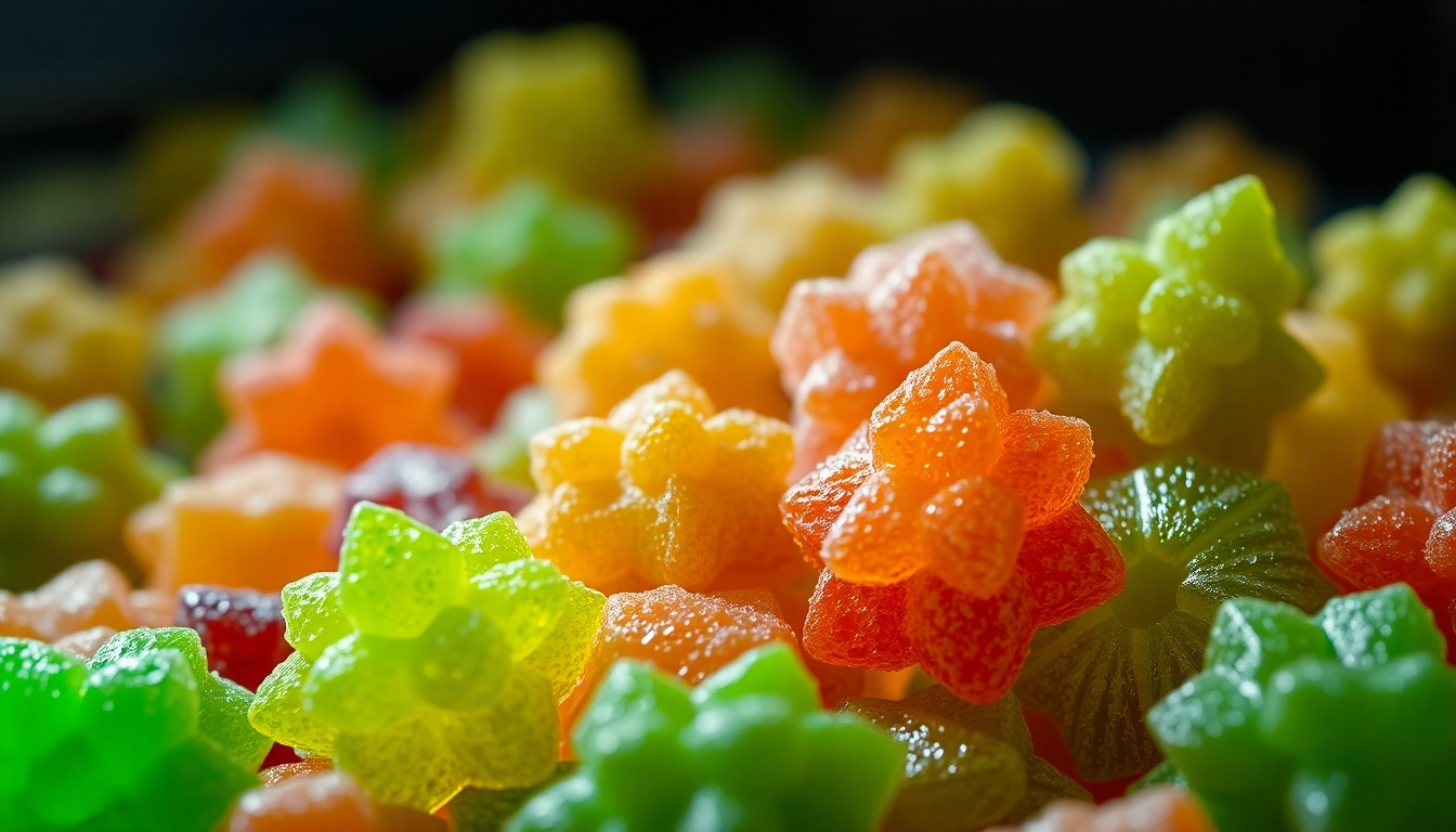 Delicious cannabis gummibärchen displayed creatively on a bright surface, showcasing their vibrant colors and playful shapes.