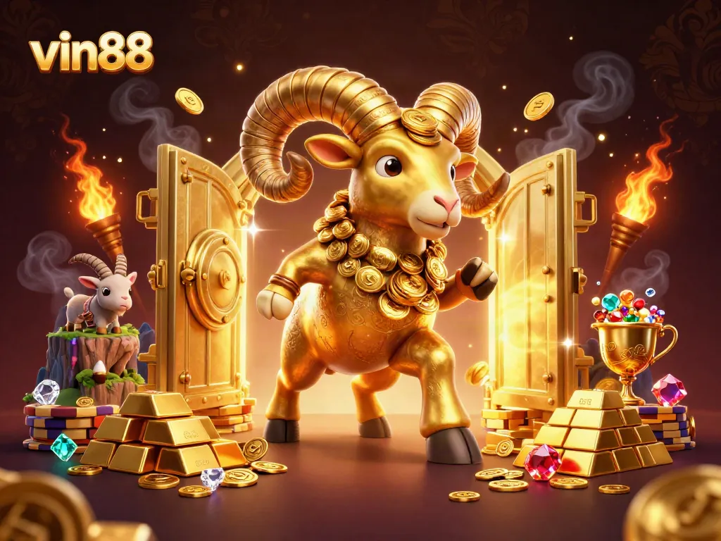 Experience thrilling gameplay at vin88 with a golden ram charging into a treasure vault of wins.