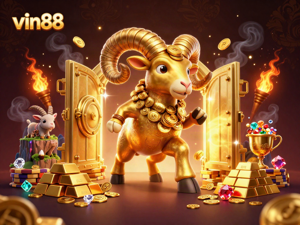Experience thrilling gameplay at vin88 with a golden ram charging into a treasure vault of wins.