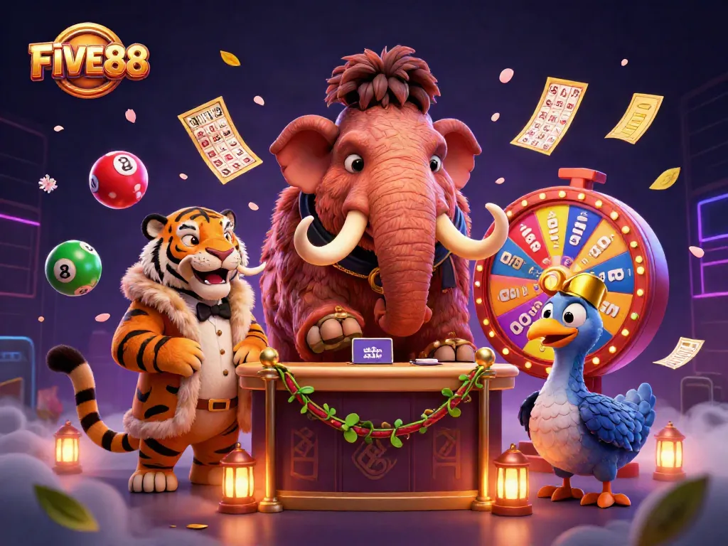 Experience the exciting visuals of FIVE88 with a vibrant casino scene featuring a woolly mammoth bouncer, a saber-tooth tiger guest, and a dodo bird doorman.