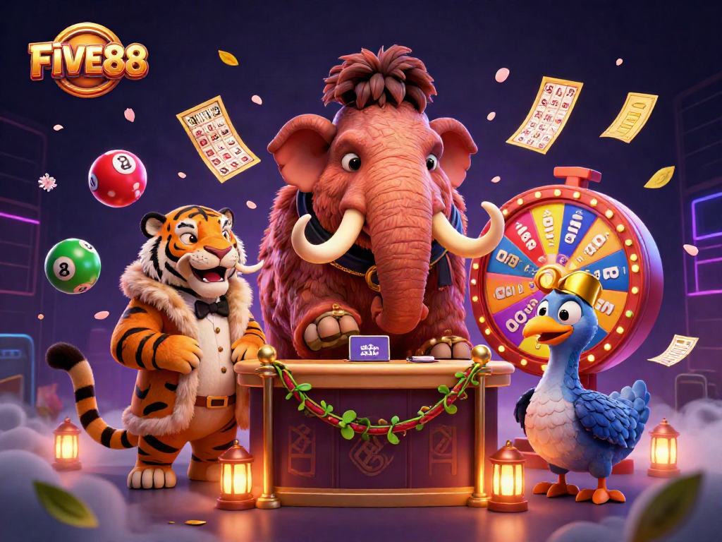 Experience the exciting visuals of FIVE88 with a vibrant casino scene featuring a woolly mammoth bouncer, a saber-tooth tiger guest, and a dodo bird doorman.