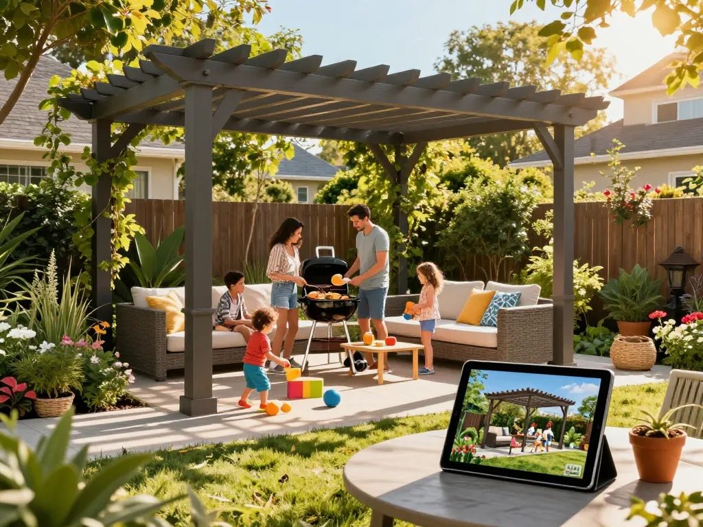 Familie genießt einen sonnigen Nachmittag rund um ein stilvolles Pergola 3D-Design in einer lebhaften Gartenumgebung.