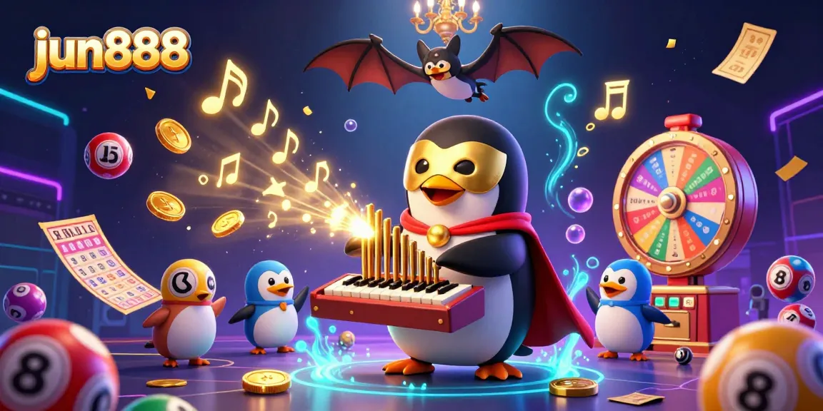 Engage in adventure with jun888 as a phantom opera penguin brings gold coins to life in a vibrant casino scene.