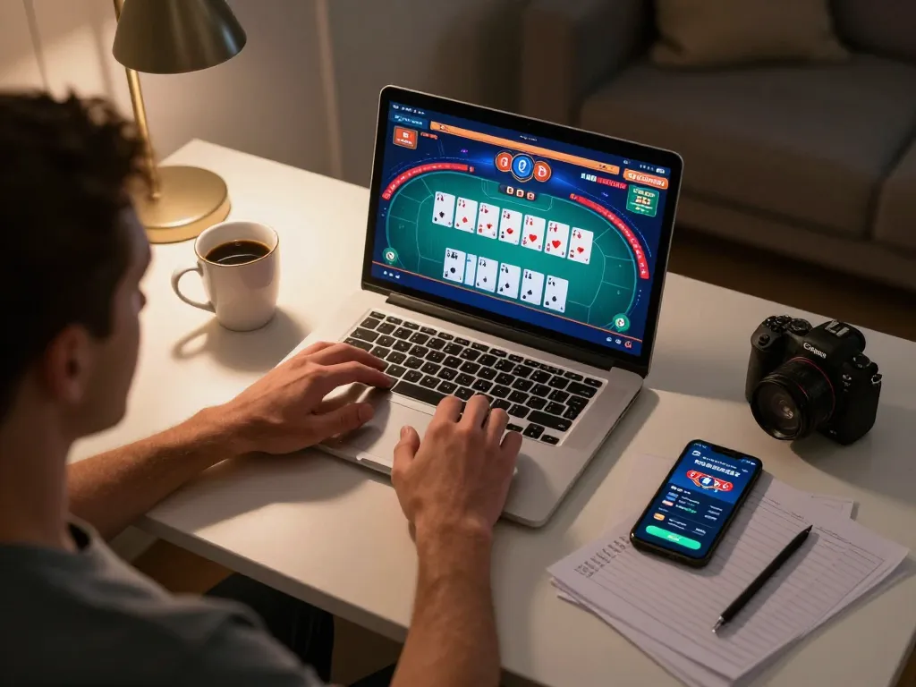Player analyzing hands in an exciting online poker game at home, exploring TR88 strategies and betting tactics.