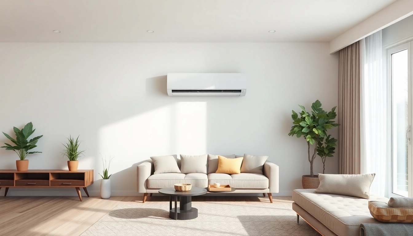 Klimaanlage kaufen: Elegant gestaltete Klimaanlage in einem modernen Wohnzimmer prägt den Raum sichtbar.