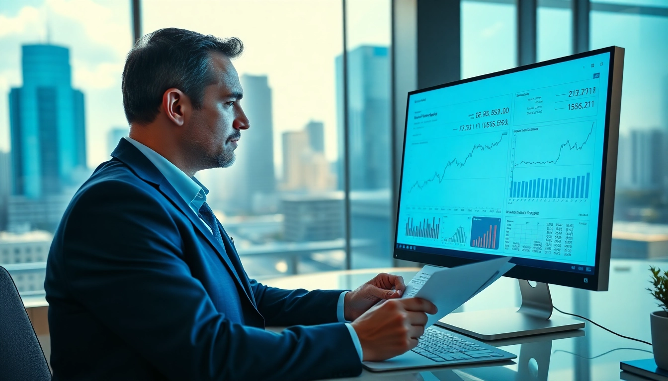 Finanzanalyse durch einen Analysten in einem modernen Büro mit detaillierten Grafiken.