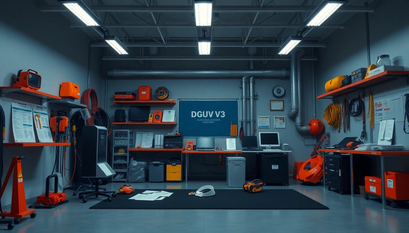DGUV V3 Prüfung in a detailed workspace with safety equipment and inspection tools.