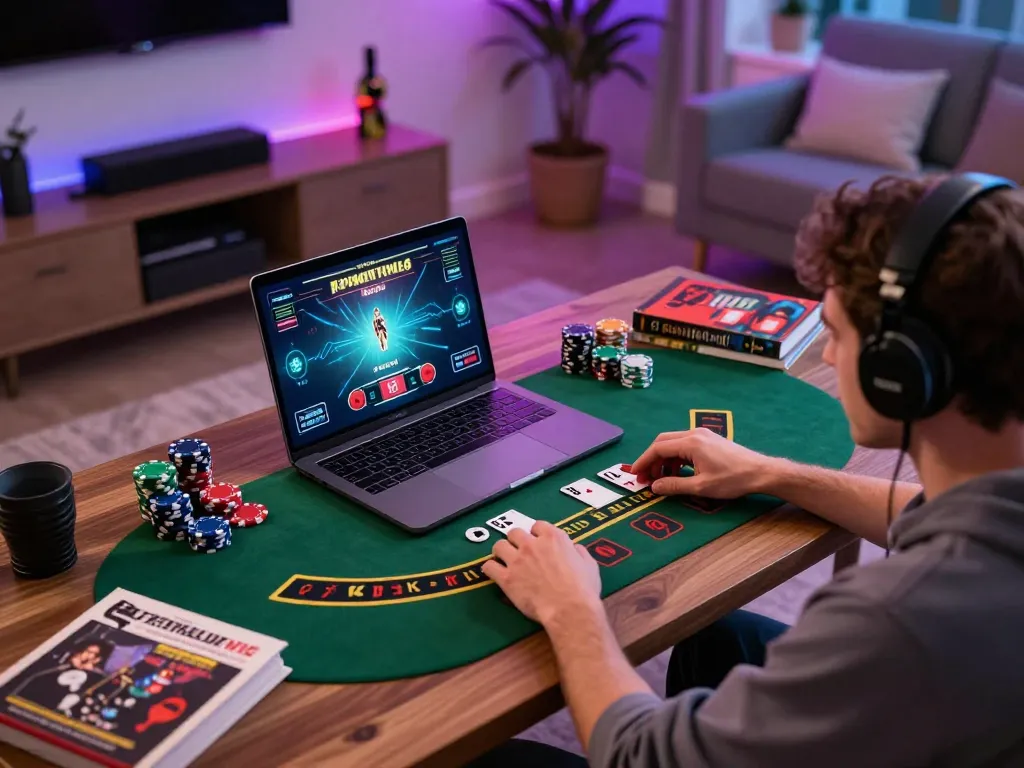 Engaging moment on g28 com, where a player focuses on a blackjack game in a cozy gaming setup.