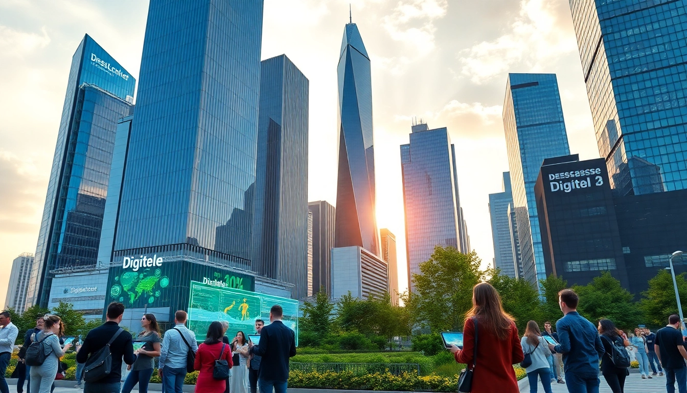 Digitale Zukunft: Futuristic city skyline with diverse individuals using technology.