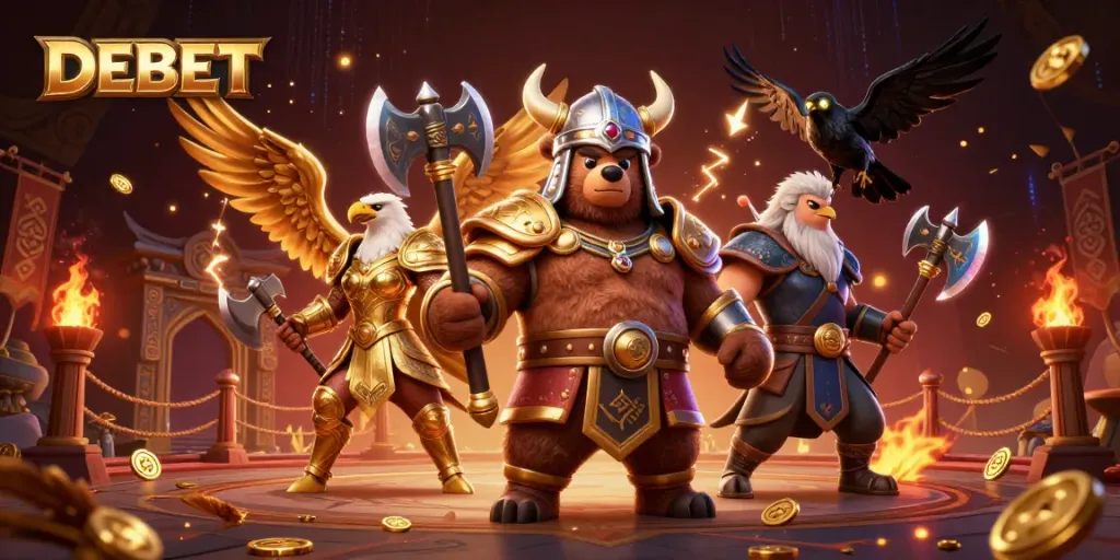 Engage in thrilling betting adventures with DEBET, showcasing a Viking bear and Valkyrie eagle in a vibrant casino scene.