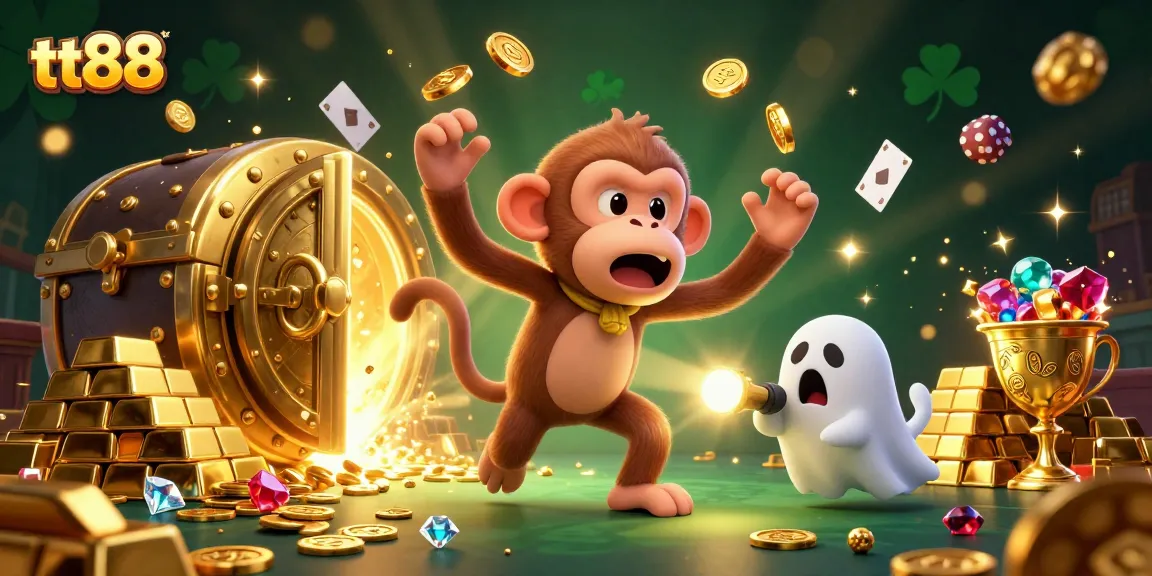tt88 showcases a playful poltergeist monkey juggling golden coins in an enchanted casino scene.