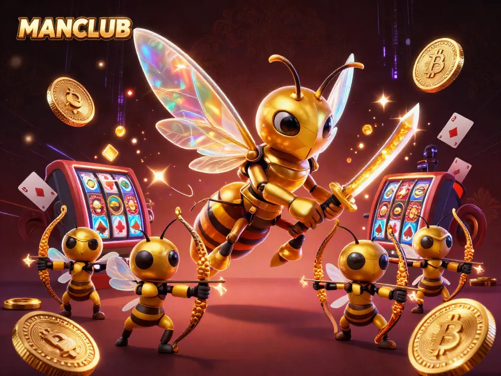 Engage with MANCLUB's vibrant casino gaming scene, featuring a golden hornet and elements like Bitcoin coins and slot reels.