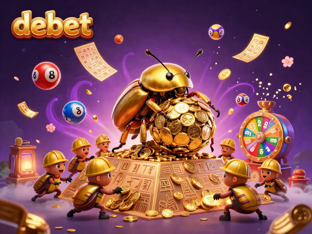 Engage in thrilling online bets with debet, featuring a golden beetle and vibrant casino elements.