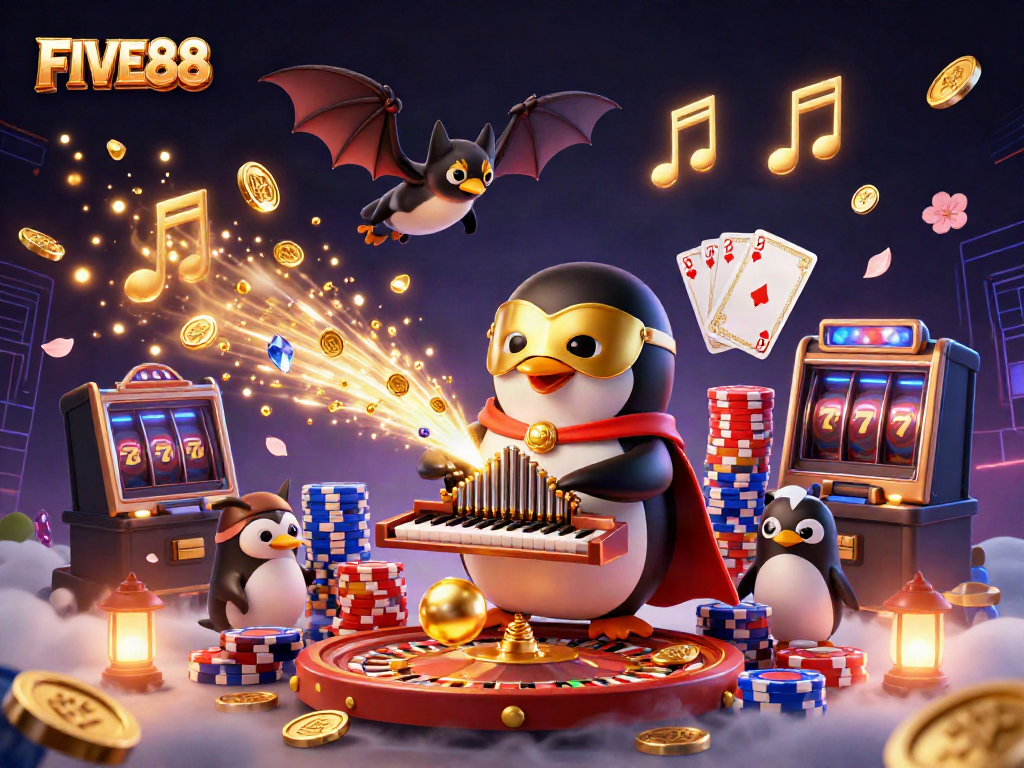 Experience the thrilling atmosphere of FIVE88 with a cartoon penguin and dazzling casino elements.