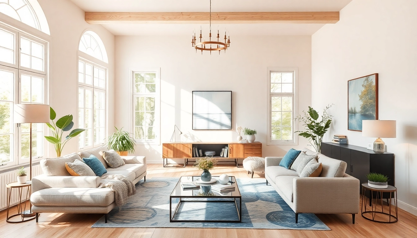 Gestalte ein einladendes Wohnzimmer in harmonischer Raumgestaltung mit stilvollen Möbeln und warmem Licht.