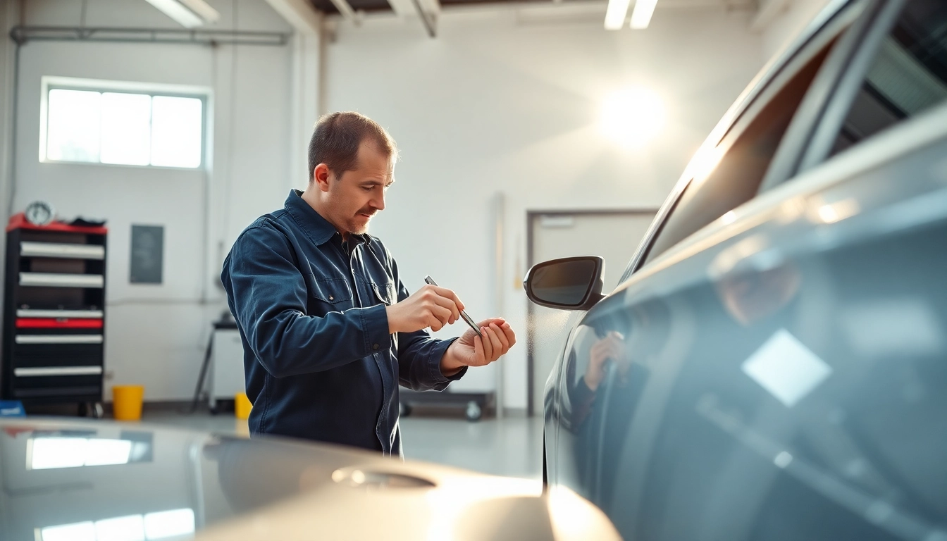 Spot Repair München: Fachkraft bei der Ausführung professioneller Lackreparaturarbeiten an einem Fahrzeug.