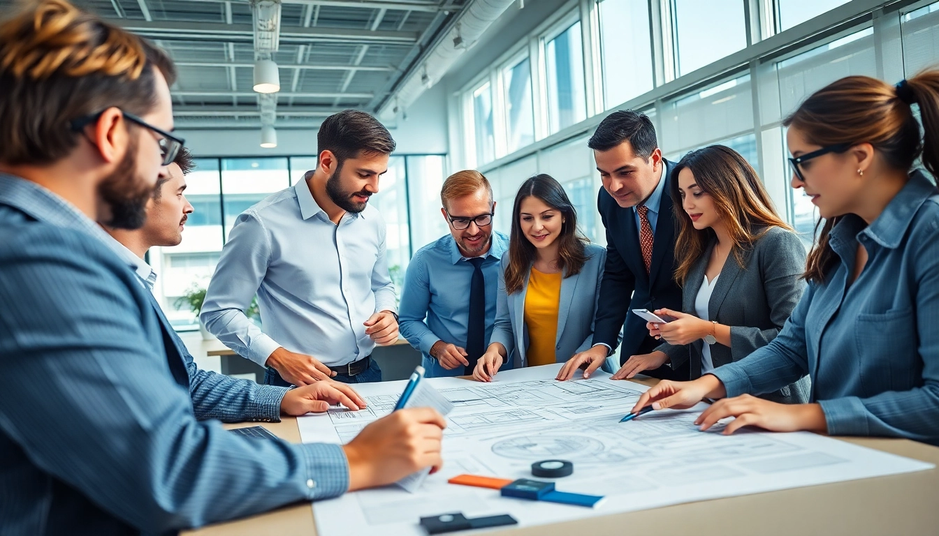 Headhunter Ingenieure collaborating in a modern office environment showcasing team innovation through technical designs.